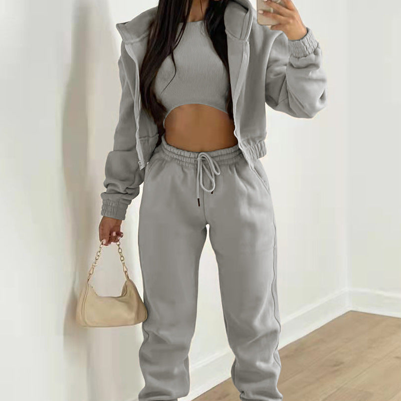 Women's Three-Piece Set Long Pants Loose  Casual Hooded Sportswear Suit