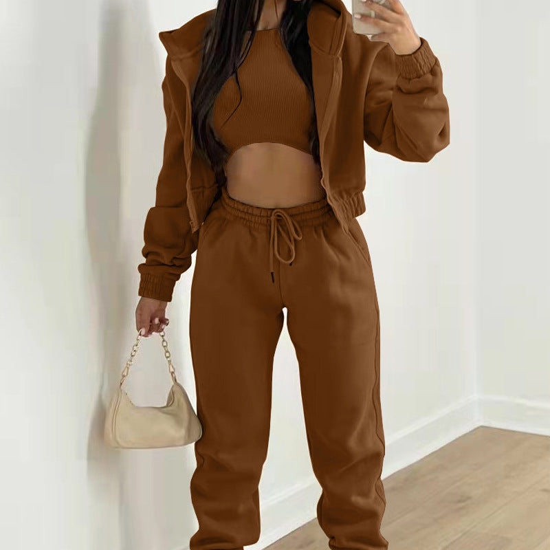 Women's Three-Piece Set Long Pants Loose  Casual Hooded Sportswear Suit
