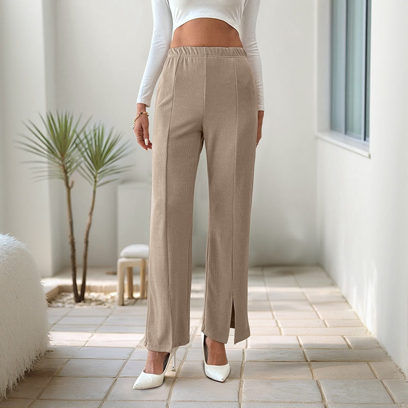 Women's Casual Solid Color Straight Leg Pants with Split Hem