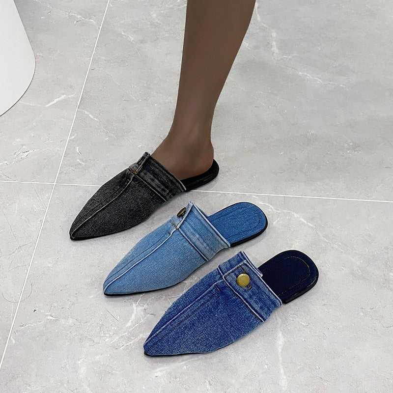 Comfortable Personality Womens Slippers Denim Round Toe Flat Shoes Female New Beach Shoes Sandals Women Slippers