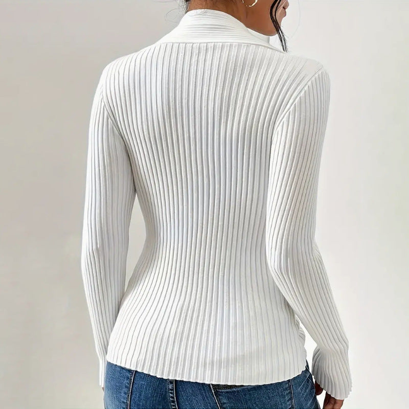 Women's knit sweater, fashion elegant, ribbed hem with slit, long sleeve, solid color, slim fit pullover
