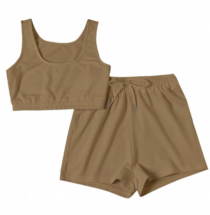 Casual Solid Sportswear Two Piece Sets Women  Crop Top And Drawstring Shorts Matching Set Summer Athleisure Outfits