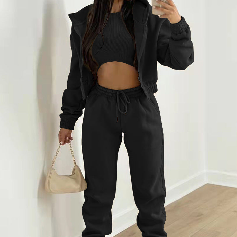 Women's Three-Piece Set Long Pants Loose  Casual Hooded Sportswear Suit