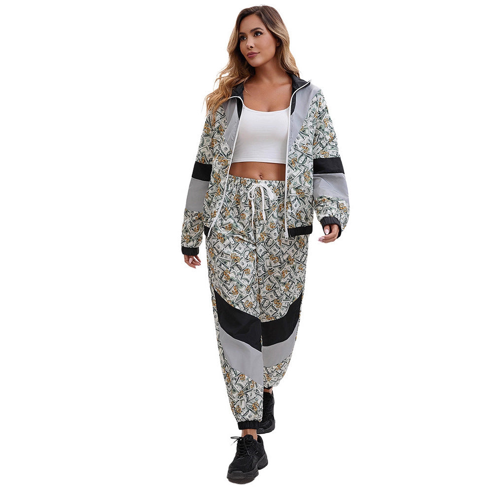 Fashion Style Silhouette Print Long sleeve Disco 80s sportswear Money patternTwo-piece set