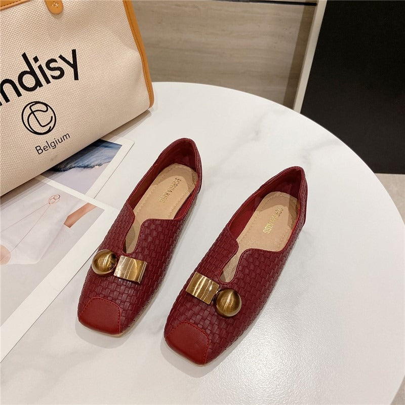 Retro square toe soft bottom flat beanie shoes for women square toe slip-on shoes