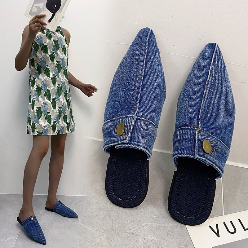 Comfortable Personality Womens Slippers Denim Round Toe Flat Shoes Female New Beach Shoes Sandals Women Slippers