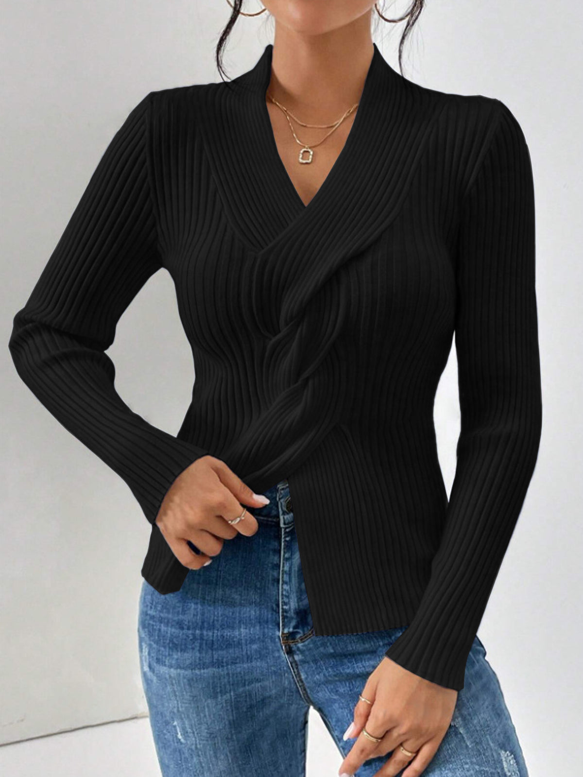 Women's knit sweater, fashion elegant, ribbed hem with slit, long sleeve, solid color, slim fit pullover