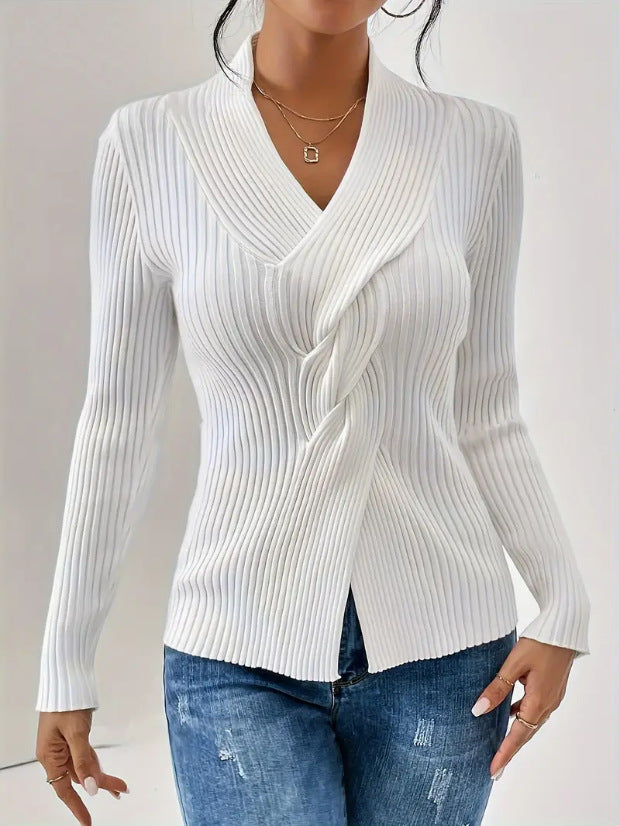 Women's knit sweater, fashion elegant, ribbed hem with slit, long sleeve, solid color, slim fit pullover