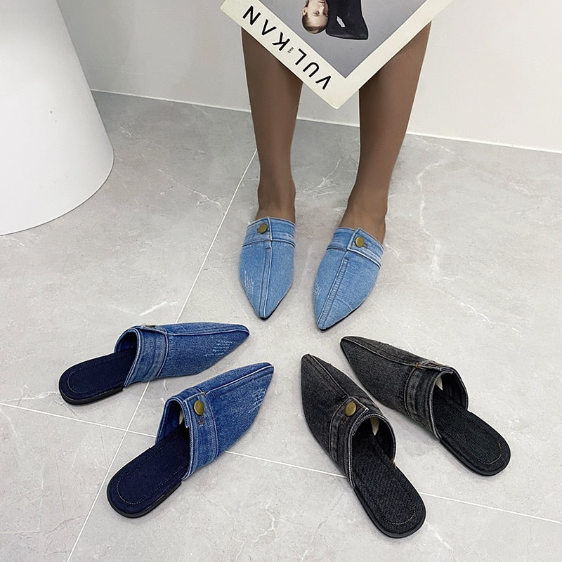 Comfortable Personality Womens Slippers Denim Round Toe Flat Shoes Female New Beach Shoes Sandals Women Slippers