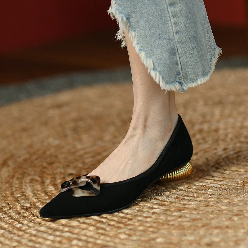 French style retro metal buckle pointed toe flat shoes for women leopard print flat granny shoes