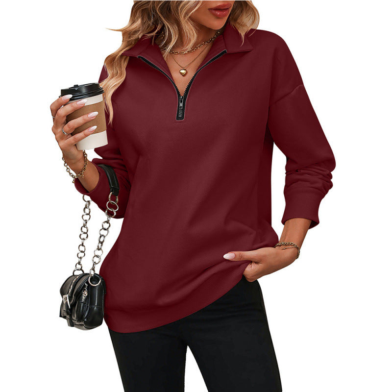 Autumn and winter sportswear half zip long sleeved sweatshirt solid color loose sweatshirt