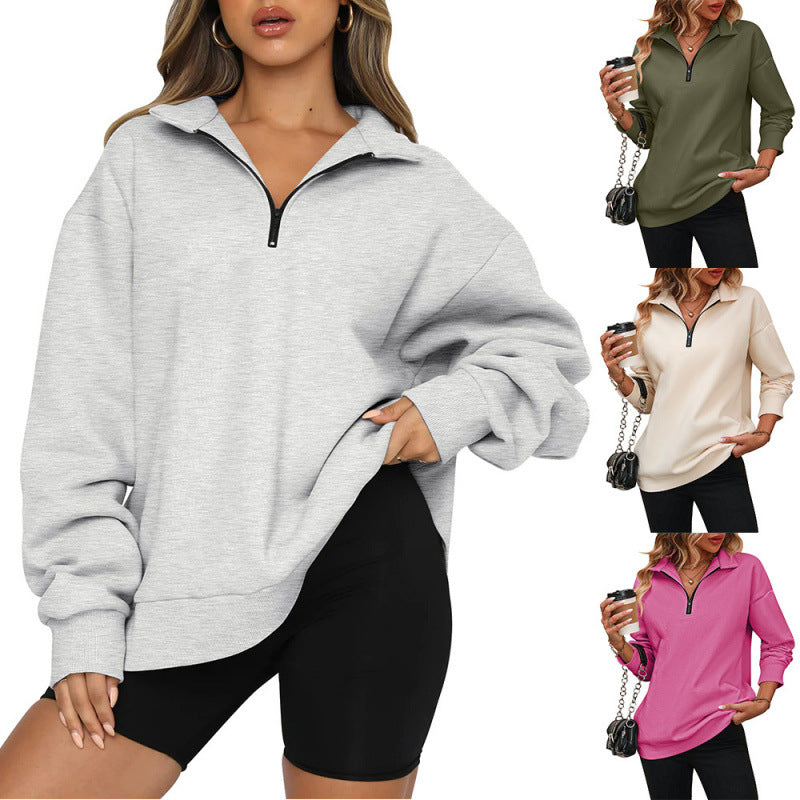 Autumn and winter sportswear half zip long sleeved sweatshirt solid color loose sweatshirt