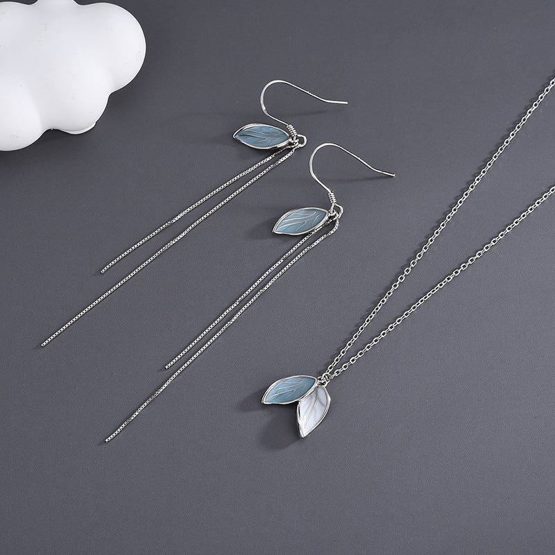 925 Sterling Silver Necklace Female Ins Japan And South Korea Romantic Ear Thread Earrings Minority Design Fairy Leaf Necklace Set