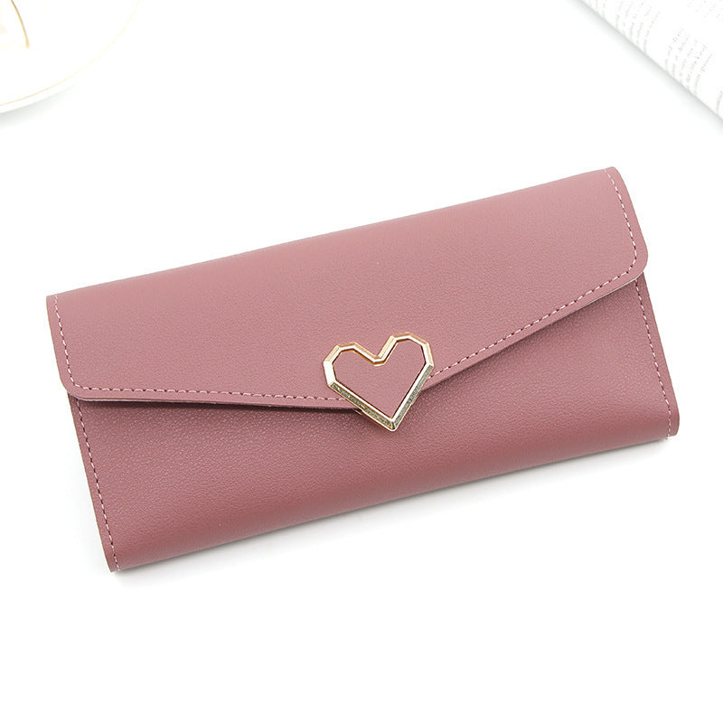 Long plain heart-shaped leather wallet with multiple card slots buckle wallet large capacity hand-held bag