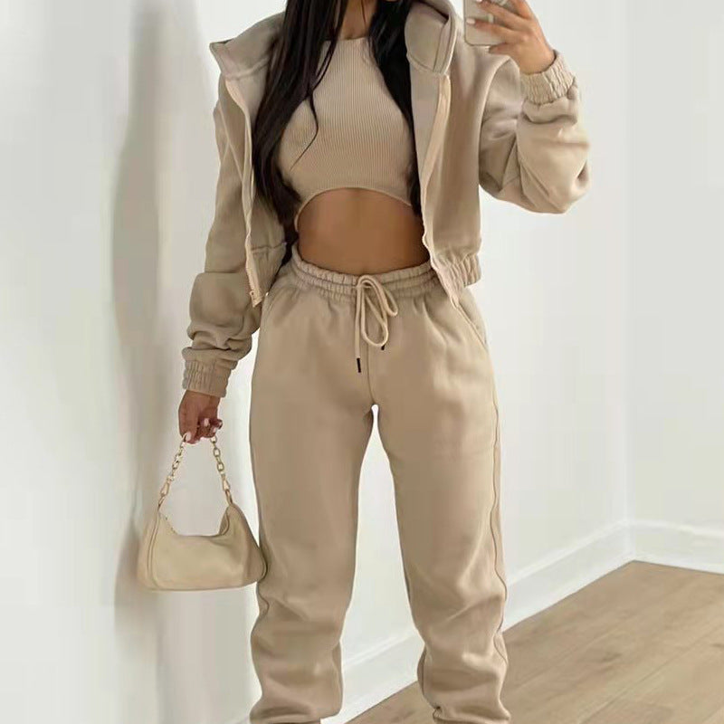 Women's Three-Piece Set Long Pants Loose  Casual Hooded Sportswear Suit