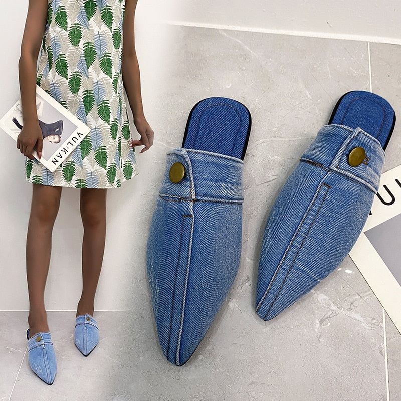 Comfortable Personality Womens Slippers Denim Round Toe Flat Shoes Female New Beach Shoes Sandals Women Slippers