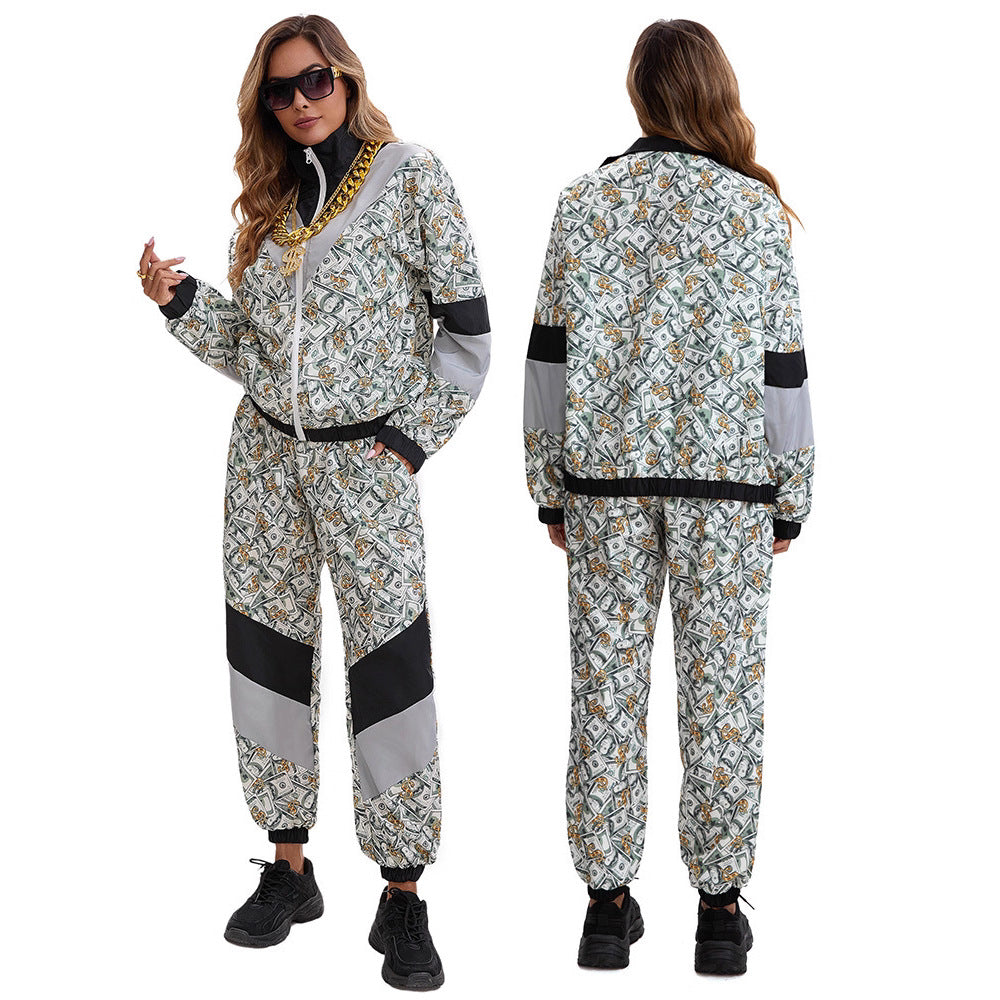 Fashion Style Silhouette Print Long sleeve Disco 80s sportswear Money patternTwo-piece set