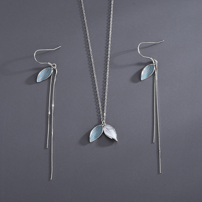 925 Sterling Silver Necklace Female Ins Japan And South Korea Romantic Ear Thread Earrings Minority Design Fairy Leaf Necklace Set