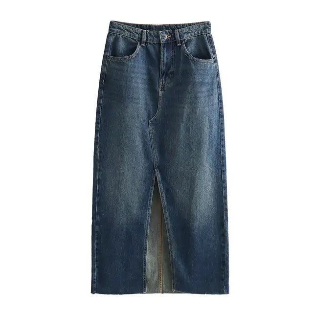 Denim Midi Skirt Women Blue High Waist Long Skirts for Women Autumn Slit Jeans Skirt Woman Streetwear Women's Skirts