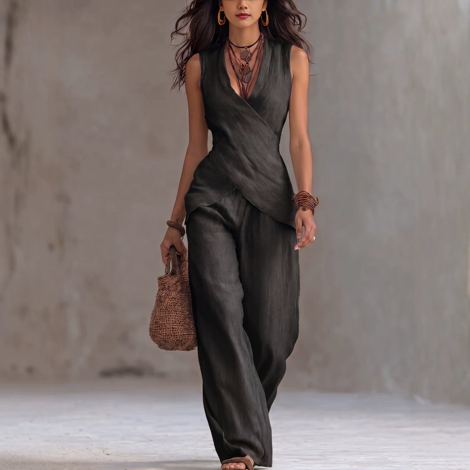 Sleeveless V-neck waist cinched top paired with wide leg pants set