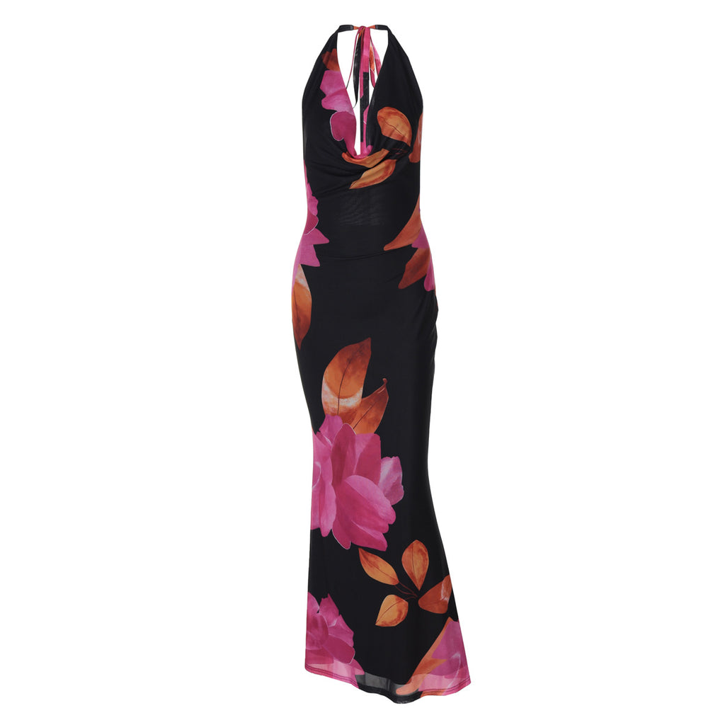 Printed Backless Tie-Waist Fitted Waist Dress
