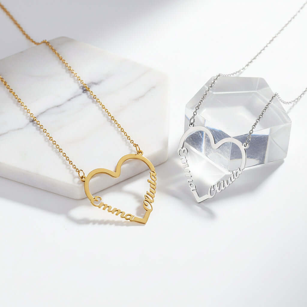 Custom Name Heart Necklace – Gold Stainless Steel Personalized Choker for Women