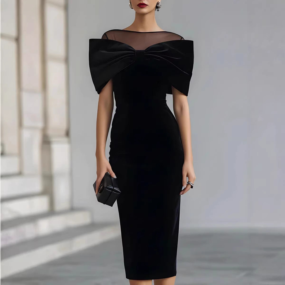 Chic Office Women's One-Shoulder Off-the-Shoulder Velvet Dress with Gold Thread