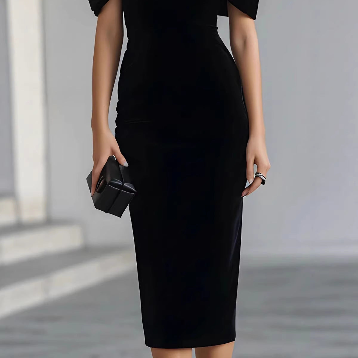 Chic Office Women's One-Shoulder Off-the-Shoulder Velvet Dress with Gold Thread