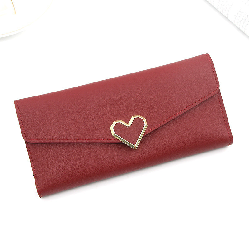 Long plain heart-shaped leather wallet with multiple card slots buckle wallet large capacity hand-held bag