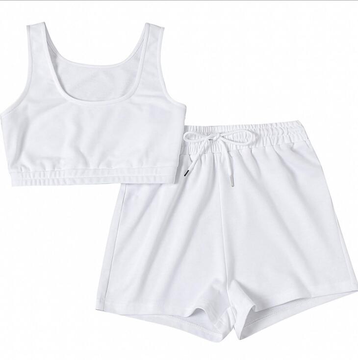 Casual Solid Sportswear Two Piece Sets Women  Crop Top And Drawstring Shorts Matching Set Summer Athleisure Outfits