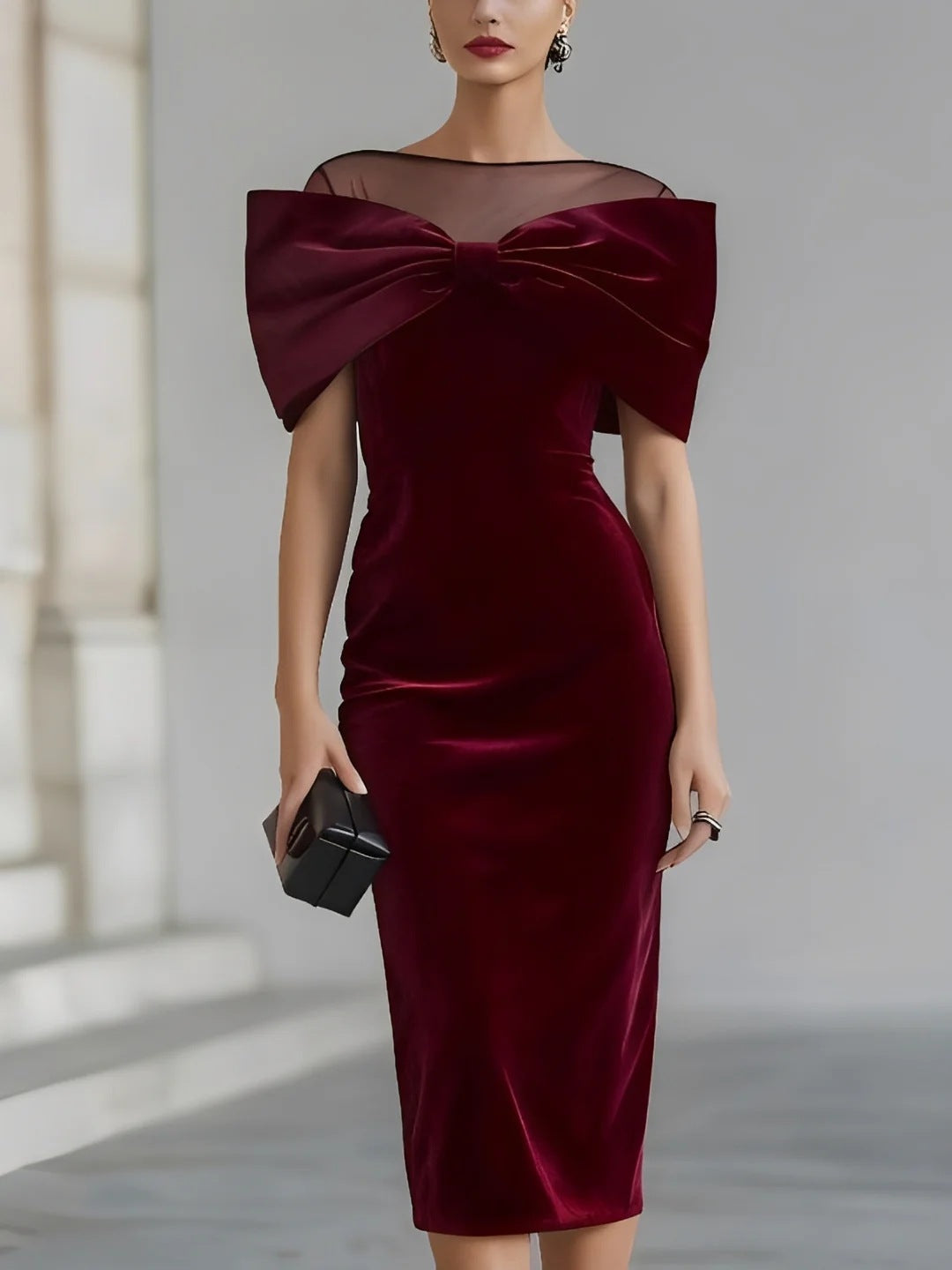 Chic Office Women's One-Shoulder Off-the-Shoulder Velvet Dress with Gold Thread