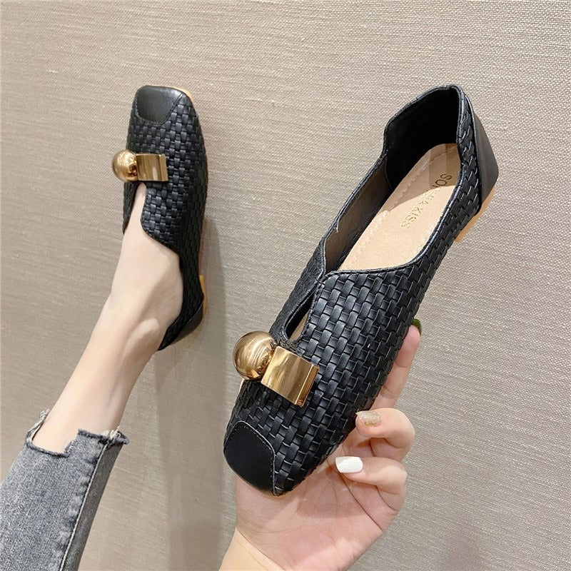 Retro square toe soft bottom flat beanie shoes for women square toe slip-on shoes