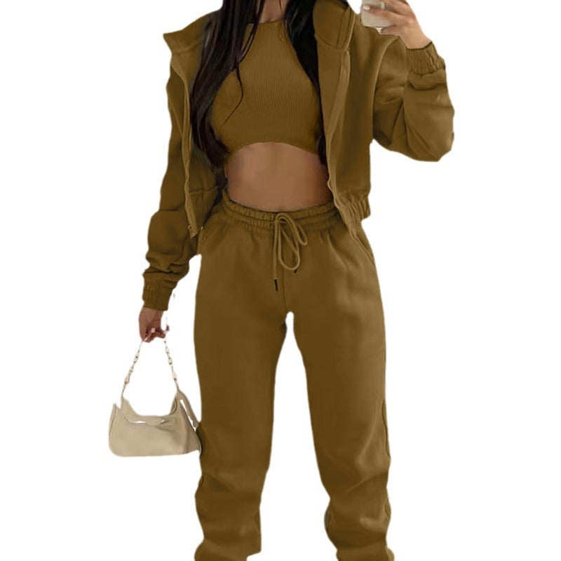 Women's Three-Piece Set Long Pants Loose  Casual Hooded Sportswear Suit
