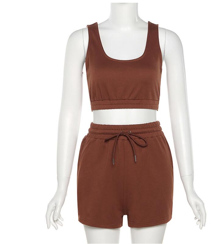 Casual Solid Sportswear Two Piece Sets Women  Crop Top And Drawstring Shorts Matching Set Summer Athleisure Outfits