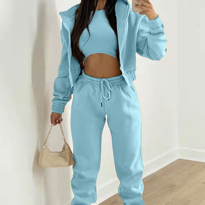 Women's Three-Piece Set Long Pants Loose  Casual Hooded Sportswear Suit