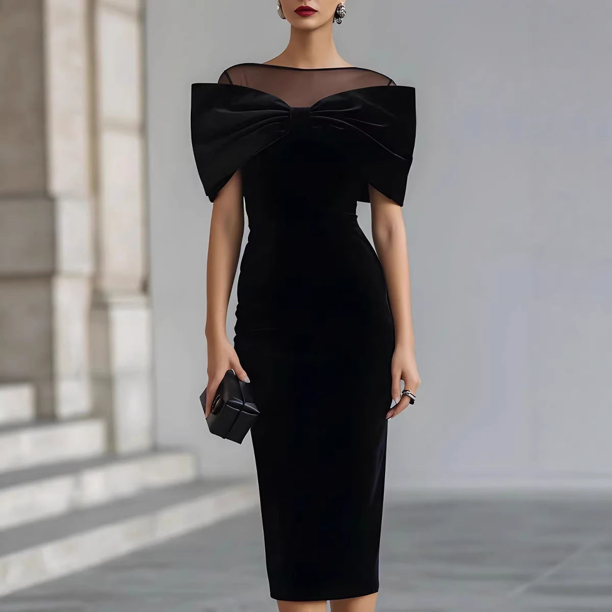 Chic Office Women's One-Shoulder Off-the-Shoulder Velvet Dress with Gold Thread