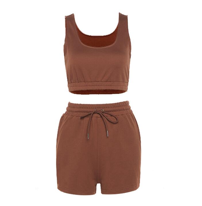 Casual Solid Sportswear Two Piece Sets Women  Crop Top And Drawstring Shorts Matching Set Summer Athleisure Outfits