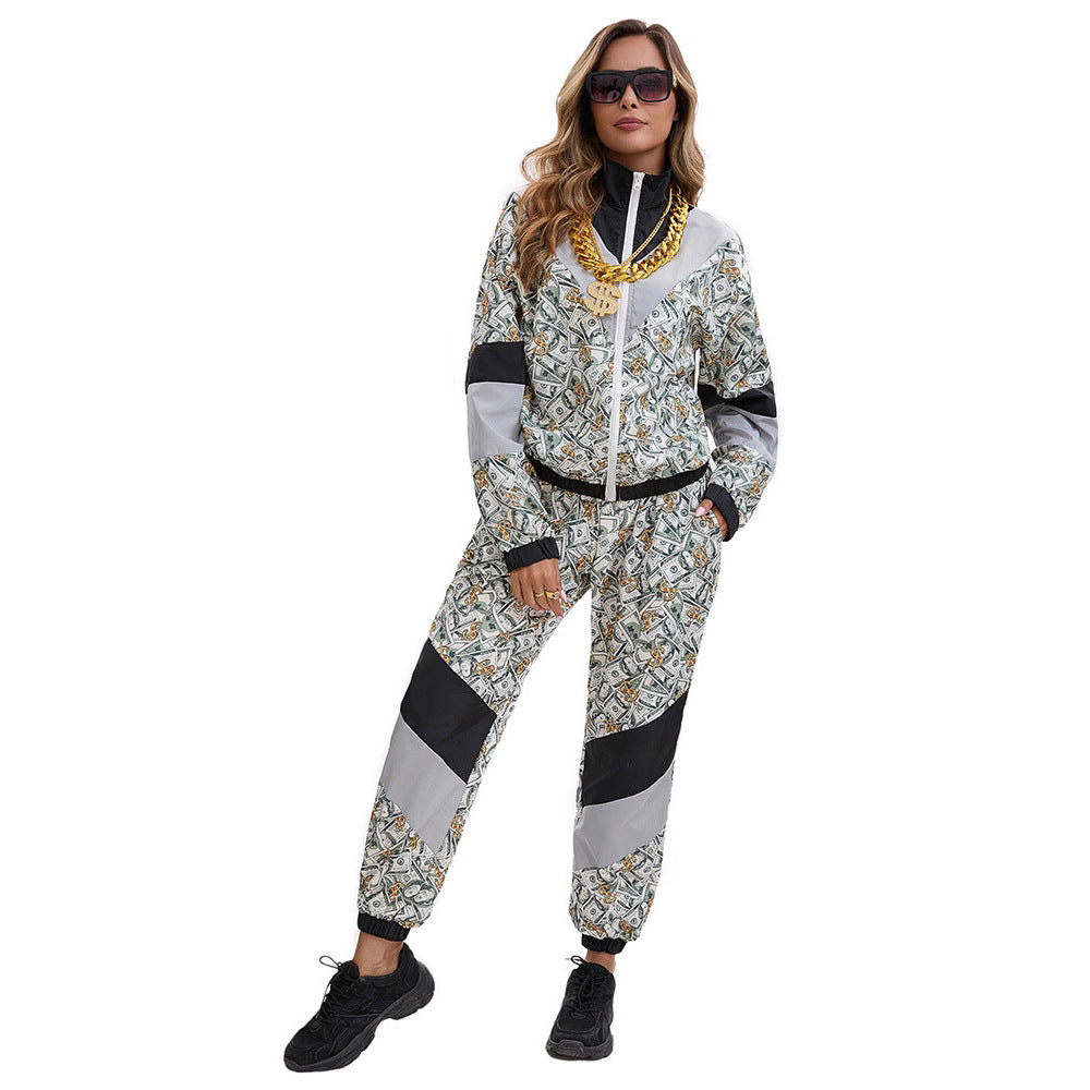 Fashion Style Silhouette Print Long sleeve Disco 80s sportswear Money patternTwo-piece set