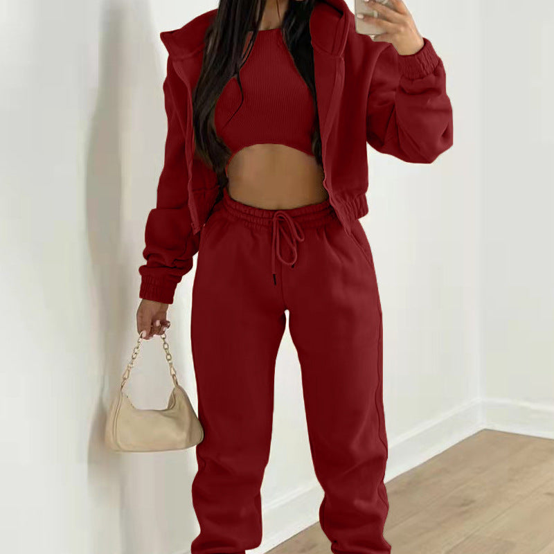 Women's Three-Piece Set Long Pants Loose  Casual Hooded Sportswear Suit