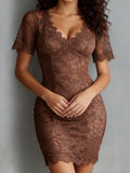 Sexy V-Neck Lace Sheer Bodycon Dress, Fashion Fitted Slimming