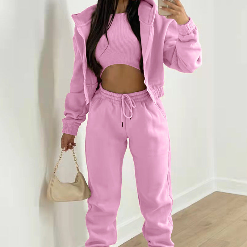 Women's Three-Piece Set Long Pants Loose  Casual Hooded Sportswear Suit