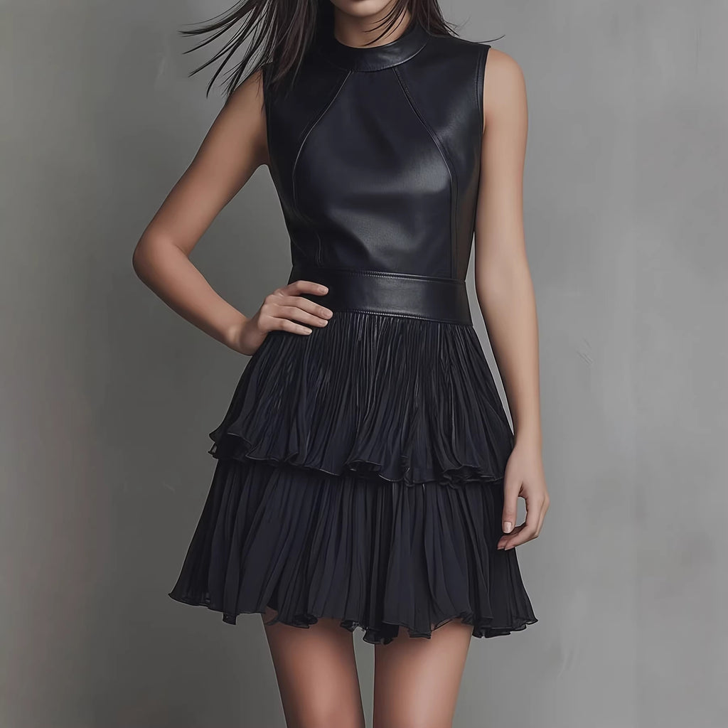 New short dress, sexy sleeveless PU leather spliced dress, elegant double-layer pleated ruffle hem skirt