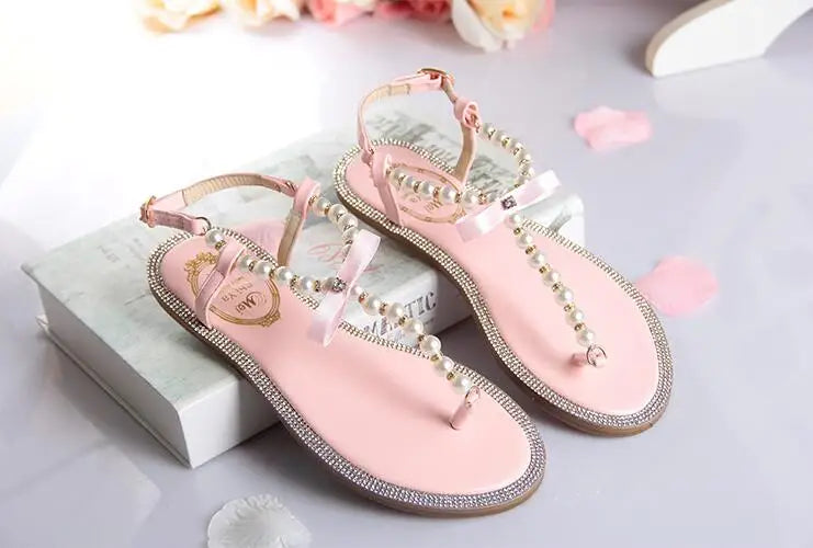 Pearl Sandals women Ladies Summer Bohemia Beach Sandal String Bead Casual Buckle Strap Flat Shoes Open Toe Shoes woman Flip Flop