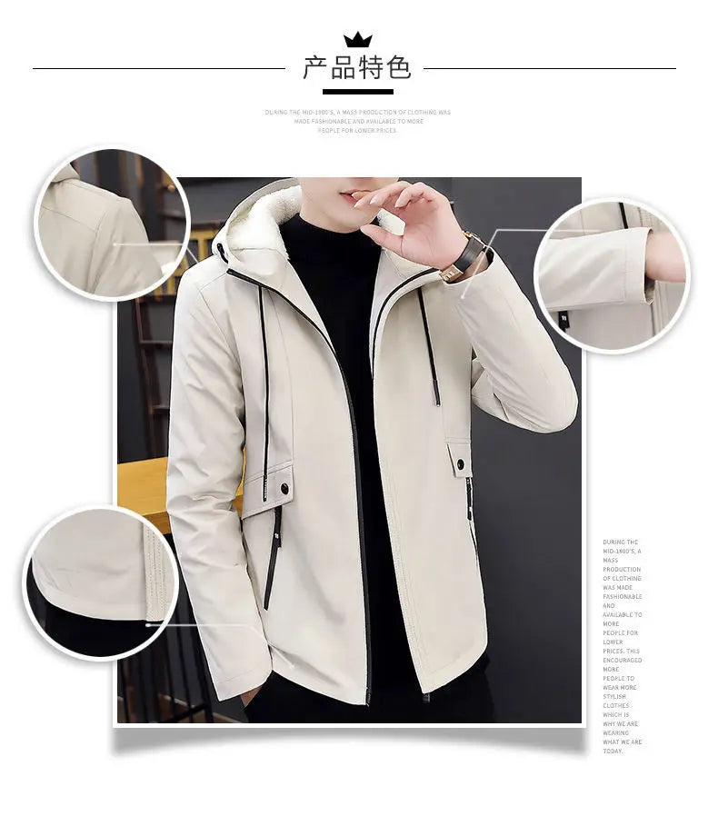 New Trench Coat Men's Solid Color Hooded Jacket Young and Middle-Aged Korean Style Slim Fit Jacket Casual Long Tops Parkas Coats