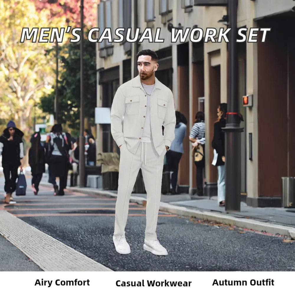 Autumn New Style High-quality Breathable Men's Waffle Long-Sleeved Pants Casual Double-Pocket Workwear Jacket Set