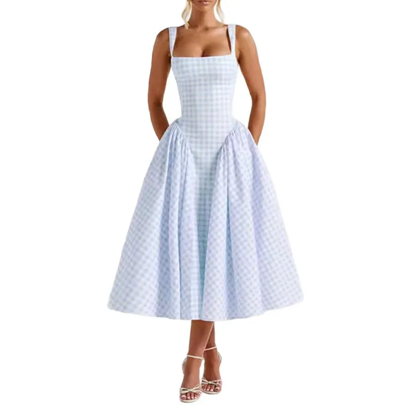2026 Summer Women Elegant Solid Square Neck Smocked Bodycon Eco-Friendly Breathable Party Midi Dress for European American