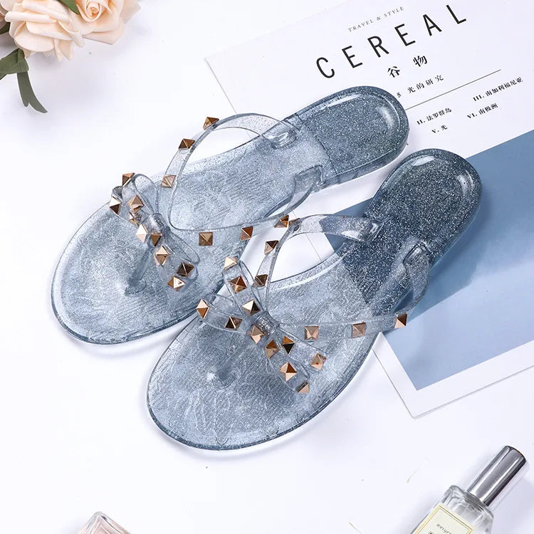 New Rivet Bow Sandals and Slippers Summer Transparent Crystal Shoes Women Outdoor Flip Flops