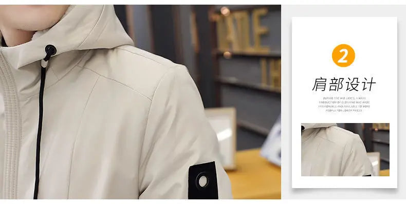 New Trench Coat Men's Solid Color Hooded Jacket Young and Middle-Aged Korean Style Slim Fit Jacket Casual Long Tops Parkas Coats