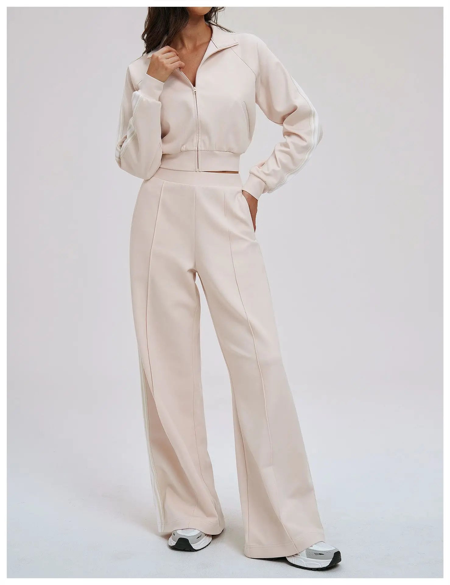 Women Casual Autumn Spring Solid Lace Sports 2-Piece Set Stand Neck Crop Top Full Sleeve High Waist Elastic Waist Pants
