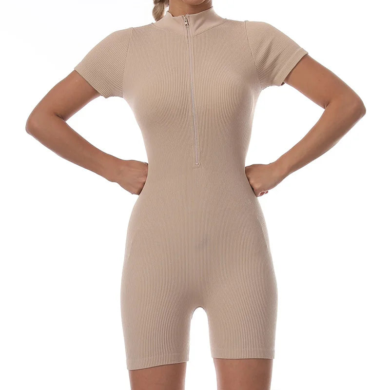 2024 High Quality New Summer Zipper Short Sleeve Yoga Jumpsuit Female Dance Fitness Bodyfitting Exercise Jumpsuit
